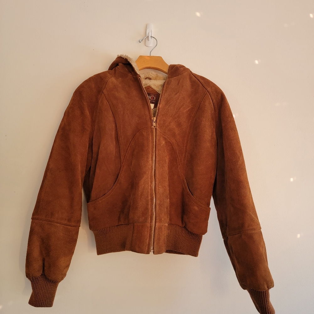 Vintage Shepler's Brown Suede Soft Shearling Lined Bomber Jacket 12* Small  Hood - Picture 16 of 16